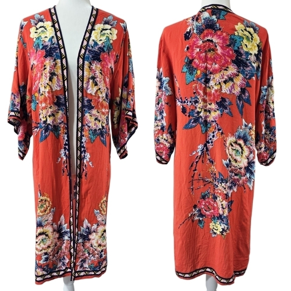 Flying Tomato Red Floral Wide Sleeve Open Front Kimono Colorful Maximalist